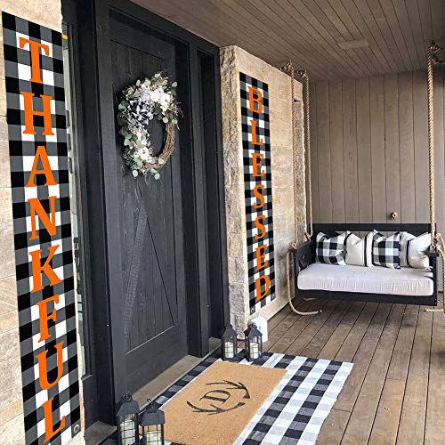 MATTTIME Thankful Blessed Porch Sign Thanksgiving Buffalo Plaid Door Hanging Banner Home Autumn Fall Black White Harvest Rustic Yard Decoration