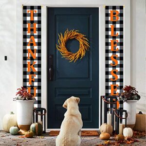 MATTTIME Thankful Blessed Porch Sign Thanksgiving Buffalo Plaid Door Hanging Banner Home Autumn Fall Black White Harvest Rustic Yard Decoration