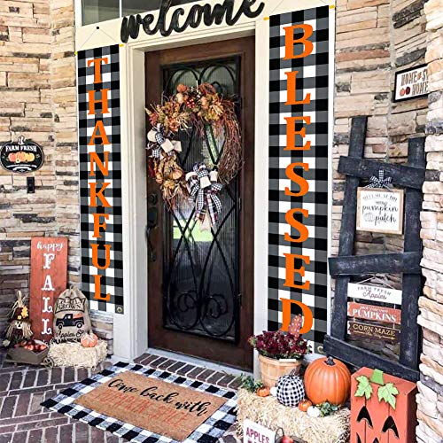 MATTTIME Thankful Blessed Porch Sign Thanksgiving Buffalo Plaid Door Hanging Banner Home Autumn Fall Black White Harvest Rustic Yard Decoration