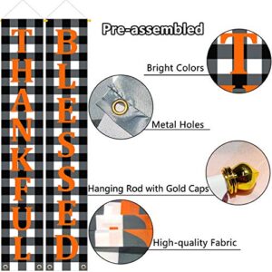 MATTTIME Thankful Blessed Porch Sign Thanksgiving Buffalo Plaid Door Hanging Banner Home Autumn Fall Black White Harvest Rustic Yard Decoration