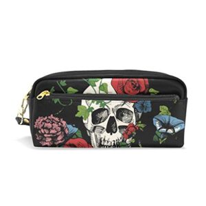 ALAZA Cute Pencil Case Skull Rose and Leaves Pen Cases Organizer PU Leather Comestic Makeup Bag Make up Pouch, Back to School Gifts