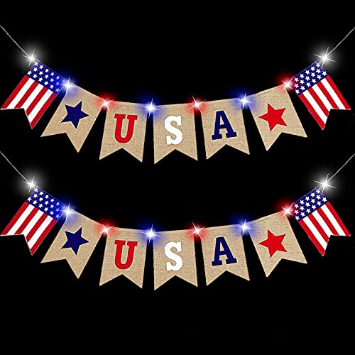 2 Pack American Flag Burlap Banner with Light, 4th of July Decorations US Banner Bunting Red White Blue Lights fourth july Decoration for Home Indoor Outdoor Independence Day Party Supplies