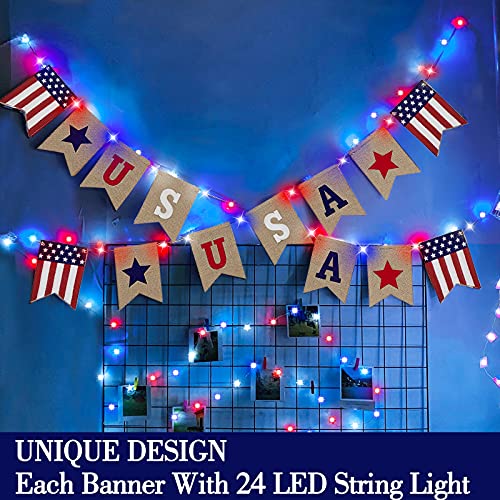 2 Pack American Flag Burlap Banner with Light, 4th of July Decorations US Banner Bunting Red White Blue Lights fourth july Decoration for Home Indoor Outdoor Independence Day Party Supplies