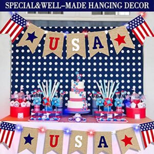 2 Pack American Flag Burlap Banner with Light, 4th of July Decorations US Banner Bunting Red White Blue Lights fourth july Decoration for Home Indoor Outdoor Independence Day Party Supplies