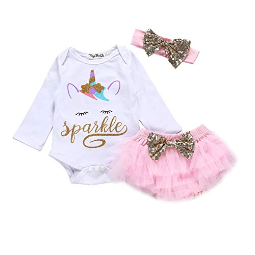 Baby Girl Unicorn Outfit Infant Sparkle 1st Birthday Romper+Tutu Princess Skirt Dress Bow Headband Skirt Sets (White, 0-6 Months)