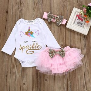 Baby Girl Unicorn Outfit Infant Sparkle 1st Birthday Romper+Tutu Princess Skirt Dress Bow Headband Skirt Sets (White, 0-6 Months)