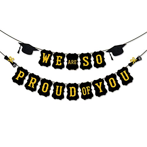 PTFNY We Are So Proud Of You Banner Black Gold Glittery Graduation Bunting Banner Garland with Graduation Cap and Diploma Signs for 2022 Graduation Party Decorations High School College Grad Party Supplies