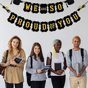 PTFNY We Are So Proud Of You Banner Black Gold Glittery Graduation Bunting Banner Garland with Graduation Cap and Diploma Signs for 2022 Graduation Party Decorations High School College Grad Party Supplies