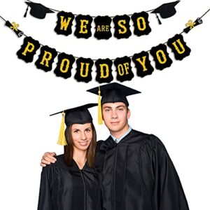 PTFNY We Are So Proud Of You Banner Black Gold Glittery Graduation Bunting Banner Garland with Graduation Cap and Diploma Signs for 2022 Graduation Party Decorations High School College Grad Party Supplies