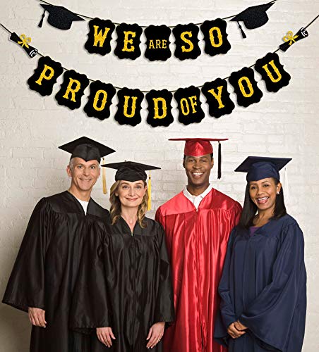 PTFNY We Are So Proud Of You Banner Black Gold Glittery Graduation Bunting Banner Garland with Graduation Cap and Diploma Signs for 2022 Graduation Party Decorations High School College Grad Party Supplies