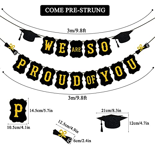 PTFNY We Are So Proud Of You Banner Black Gold Glittery Graduation Bunting Banner Garland with Graduation Cap and Diploma Signs for 2022 Graduation Party Decorations High School College Grad Party Supplies
