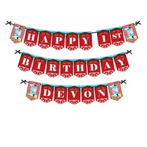 big dot of happiness personalized 1st birthday farm animals – custom barnyard first birthday party bunting banner and decorations – happy 1st birthday custom name banner