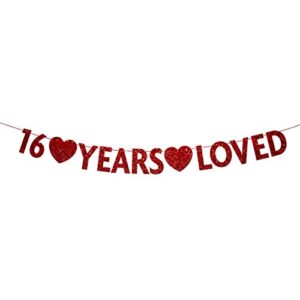 red 16 year loved banner, red glitter happy 16th birthday party decorations, supplies