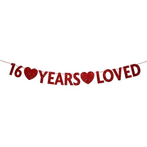 Red 16 Year Loved Banner, Red Glitter Happy 16th Birthday Party Decorations, Supplies