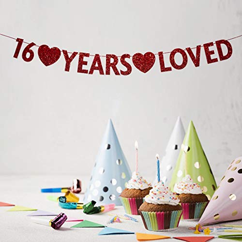 Red 16 Year Loved Banner, Red Glitter Happy 16th Birthday Party Decorations, Supplies