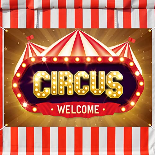 Welcome Circus Backdrop Banner Decor Brown - Red White Striped Tent Carnival Theme Party Decorations for Girls Boys Supplies