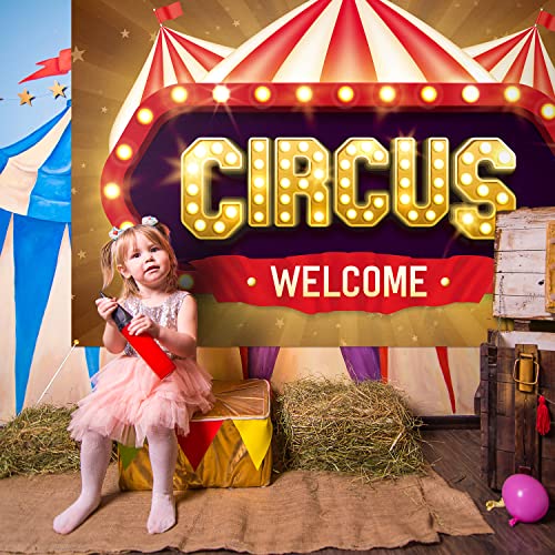 Welcome Circus Backdrop Banner Decor Brown - Red White Striped Tent Carnival Theme Party Decorations for Girls Boys Supplies