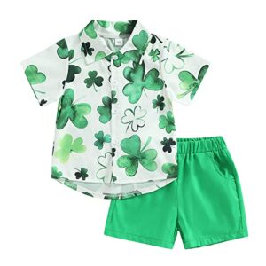 liomengzi toddler baby boy summer outfits pattern short sleeve button down shirt top with elastic waist shorts clothes set (green, 12-18 months)