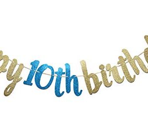 Happy 10th Birthday Glitter Garland Banner-Happy 10th Birthday Party Supplies (Gold & Blue)