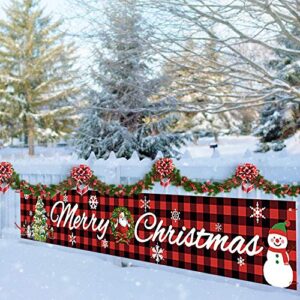 large merry christmas banner, red buffalo plaid xmas sign with snowman xmas tree pattern for christmas party, outdoor indoor decoration, 9.8 x 1.6 feet (buffalo plaid)