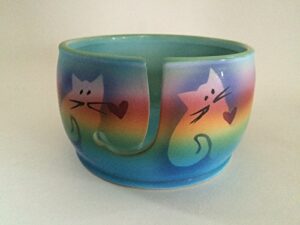 kitty cat yarn bowl by award-winning artist judith stiles. handmade in usa (cape cod). pottery knitting & crochet bowl, handmade durable pottery. gift for knitters, cat lovers and animal lovers.