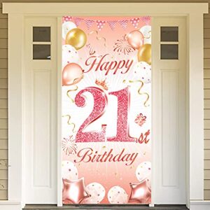 dpkow rose gold 21st birthday party decoration for woman, rose gold 21st birthday banner for backdrop door decoration,21st birthday background banner for garden wall decoration, 185 x 90cm fabric