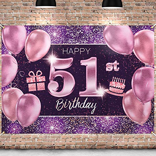 PAKBOOM Happy 51st Birthday Banner Backdrop - 51 Birthday Party Decorations Supplies for Women - Pink Purple Gold 4 x 6ft