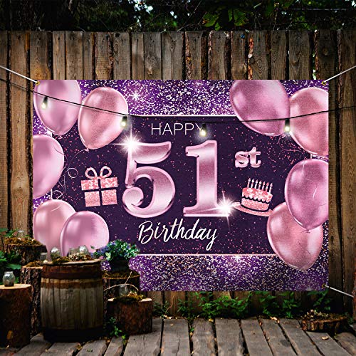 PAKBOOM Happy 51st Birthday Banner Backdrop - 51 Birthday Party Decorations Supplies for Women - Pink Purple Gold 4 x 6ft