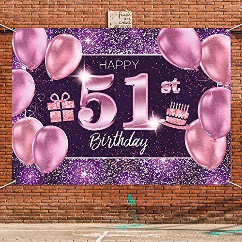 PAKBOOM Happy 51st Birthday Banner Backdrop - 51 Birthday Party Decorations Supplies for Women - Pink Purple Gold 4 x 6ft
