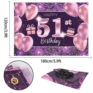 PAKBOOM Happy 51st Birthday Banner Backdrop - 51 Birthday Party Decorations Supplies for Women - Pink Purple Gold 4 x 6ft