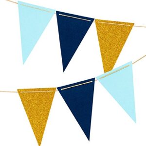 10 feet paper pennant party decorations, triangle flags bunting, paper triangle garland for wedding decor, nursery wall decor, baby shower, bridal shower (gold glitter, aqua blue, navy blue) 18pcs