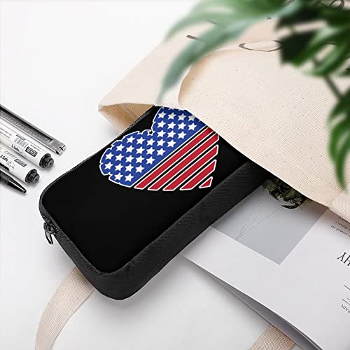 American Flag Heart Pencil Case Stationery Pen Pouch Portable Makeup Storage Bag Organizer Gift