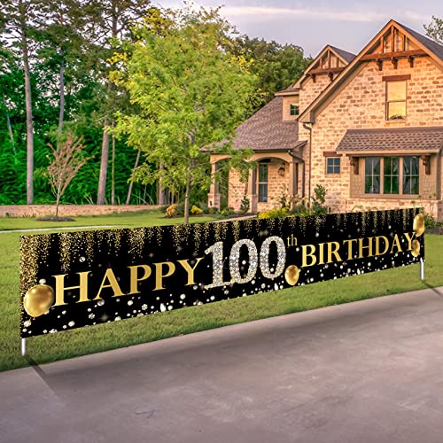 ZDX Happy 100th Birthday Theme Banner Birthday Party Poster Decor Black Backdrop Gold Balloon Photo Outdoor & Indoor Hanging With ZDXZ-US-HF346-fba 0