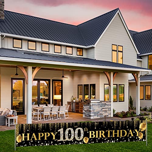 ZDX Happy 100th Birthday Theme Banner Birthday Party Poster Decor Black Backdrop Gold Balloon Photo Outdoor & Indoor Hanging With ZDXZ-US-HF346-fba 0