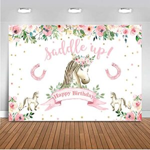 Avezano Horse Birthday Backdrop 7x5ft Pony Girl Birthday Party Background Pink Floral Happy Birthday Decorations Cowgirl Birthday Dessert Table Banner