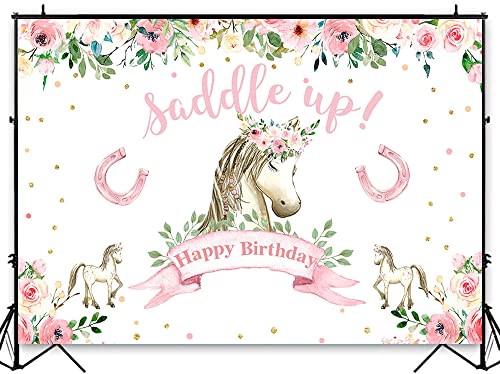 Avezano Horse Birthday Backdrop 7x5ft Pony Girl Birthday Party Background Pink Floral Happy Birthday Decorations Cowgirl Birthday Dessert Table Banner