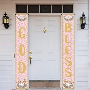 pink first communion decorations god bless porch banner baptism front porch sign 1st communion confirmation decoration and supplies for girls-12×71”
