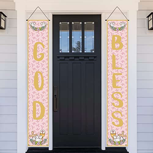 Pink First Communion Decorations God Bless Porch Banner Baptism Front Porch Sign 1st Communion Confirmation Decoration and Supplies for Girls-12×71''
