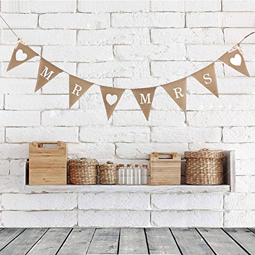 Dartsz MR & MRS Burlap Banner Heart Triangle Flags Pennant for Rustic Wedding Engagement Bridal Shower Party Decorations