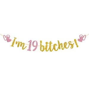 i’m 19 bitches banner, gold & pink glitter funy happy 19th birthday banner, 19 years old birthday sign, cheers to 19 years party decorations supplies, 7.5 feet