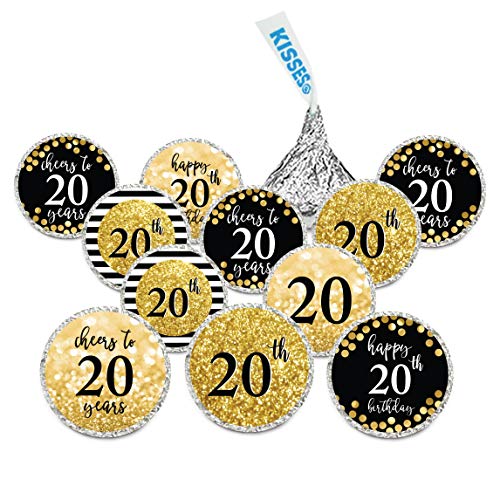 Andaz Press Glitzy Faux Gold Glitter Milestone Chocolate Drop Labels, Cheers to 20 Years, 20th Birthday or Anniversary, 240-Pack, Not Real Glitter, Kisses Party Colored Decorations