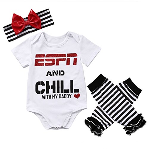 ABEE Baby Girls ESPN and Chill with My Daddy Bodysuit and Socks Outfit with Headband,12-18 Months