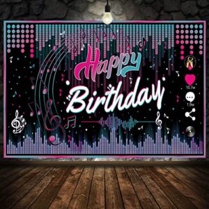 yuiviot big tik tok theme birthday party banner(73×42 inch), musical theme happy birthday backdrop, photo background, artistic music supplies, party decorations wall poster for teens girl