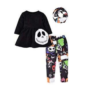 toddler baby girl halloween outfit 3pcs skull tunic dress + leggings + infinity scarf clothes set (black, 18-24 months)