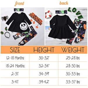 Toddler Baby Girl Halloween Outfit 3PCS Skull Tunic Dress + Leggings + Infinity Scarf Clothes Set (Black, 18-24 Months)