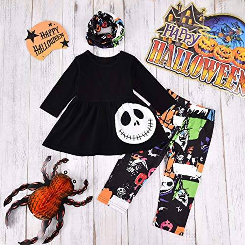 Toddler Baby Girl Halloween Outfit 3PCS Skull Tunic Dress + Leggings + Infinity Scarf Clothes Set (Black, 18-24 Months)