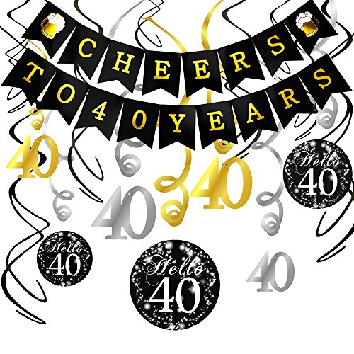 40th Birthday Decorations Kit- Konsait Cheers to 40 Years Banner Swallowtail Bunting Garland Sparkling Celebration 40 Hanging Swirls,Perfect 40 Years Old Party Supplies 40th Anniversary Decorations