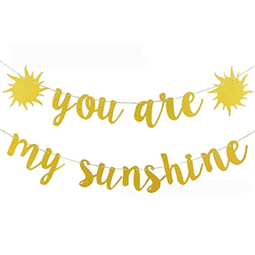 Morndew 2 Set Gold Glitter You are My Sunshine Banner for Kids Theme Birthday Party Gender Reveal Party Baby Shower Bunting Decorations