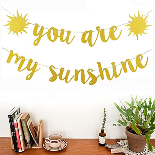 Morndew 2 Set Gold Glitter You are My Sunshine Banner for Kids Theme Birthday Party Gender Reveal Party Baby Shower Bunting Decorations