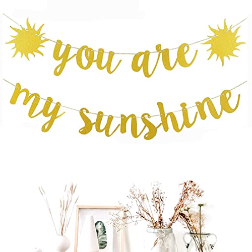 Morndew 2 Set Gold Glitter You are My Sunshine Banner for Kids Theme Birthday Party Gender Reveal Party Baby Shower Bunting Decorations